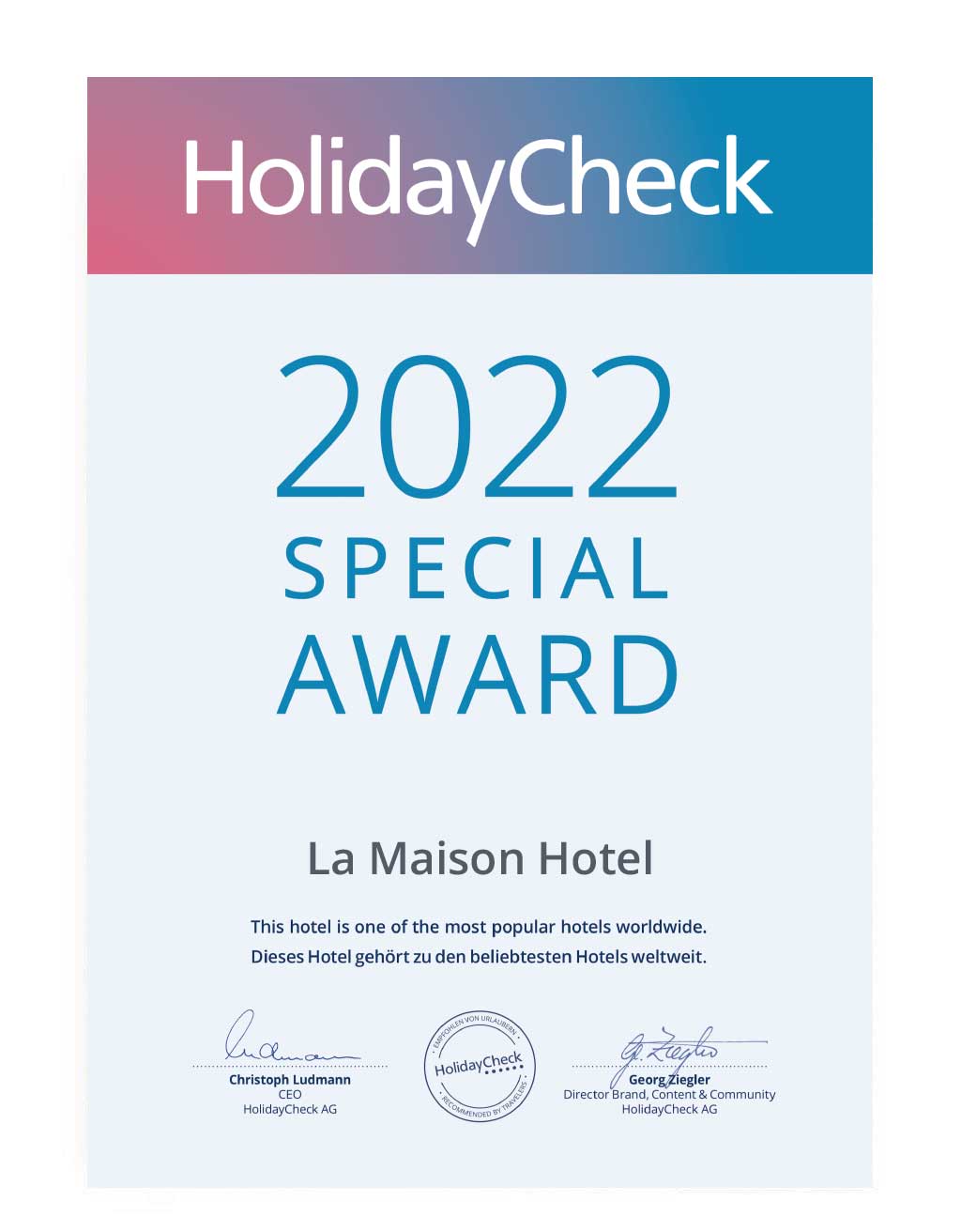 Auszeichnungen Zertifikat holidaycheck la maison hotel saarlouis