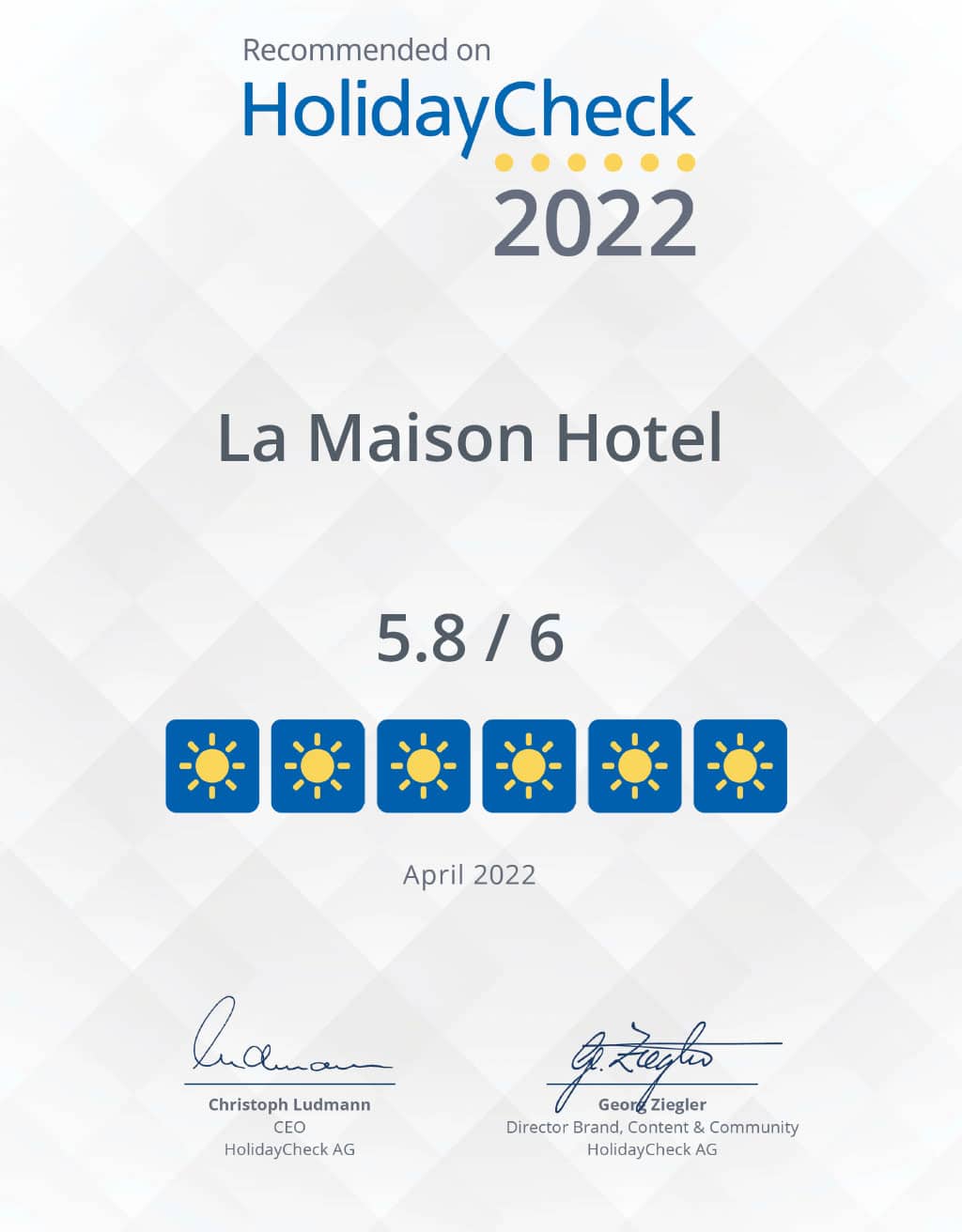 Auszeichnung Holiday Check - La Maison Hotel